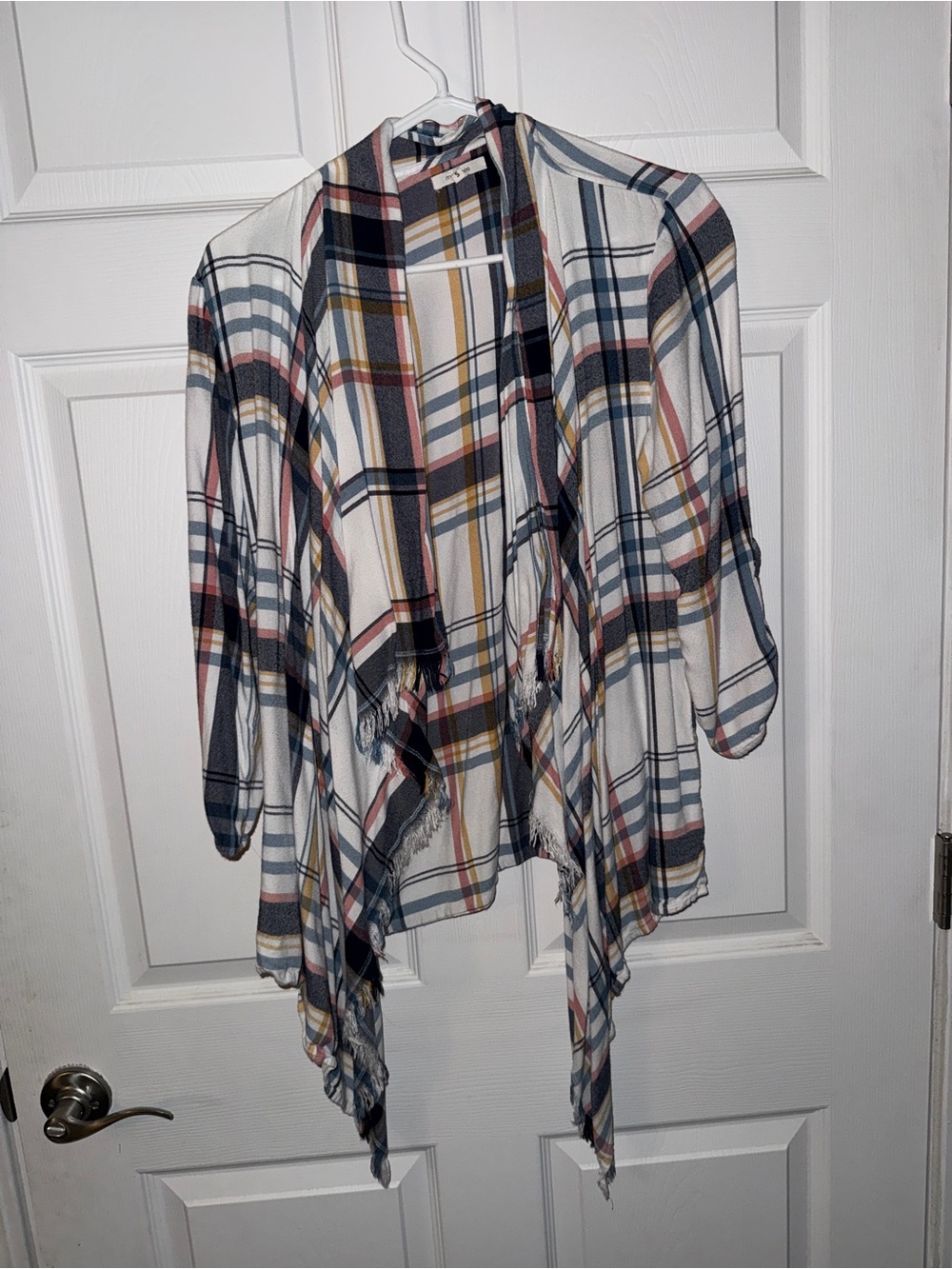 Light Plaid Open-Front Cardigan Sweater - White Multi